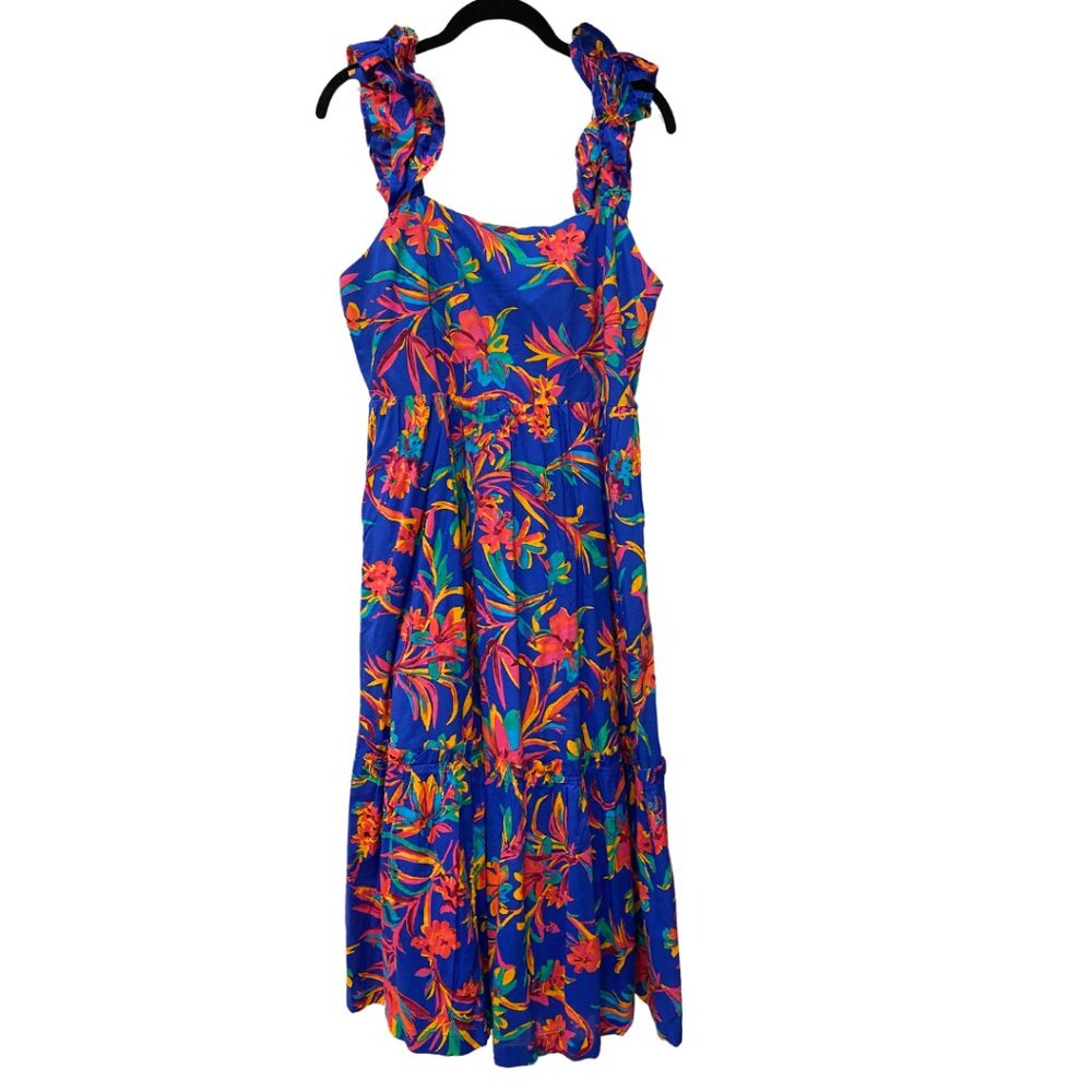 J Crew Floral Blue Square Neck Midi Dress - Size 12